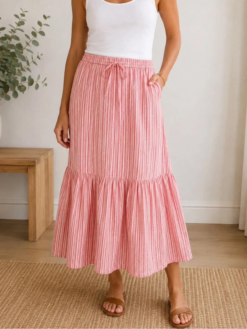 Talbots Linen-blend Pink and White Striped Tiered Drawstring Skirt